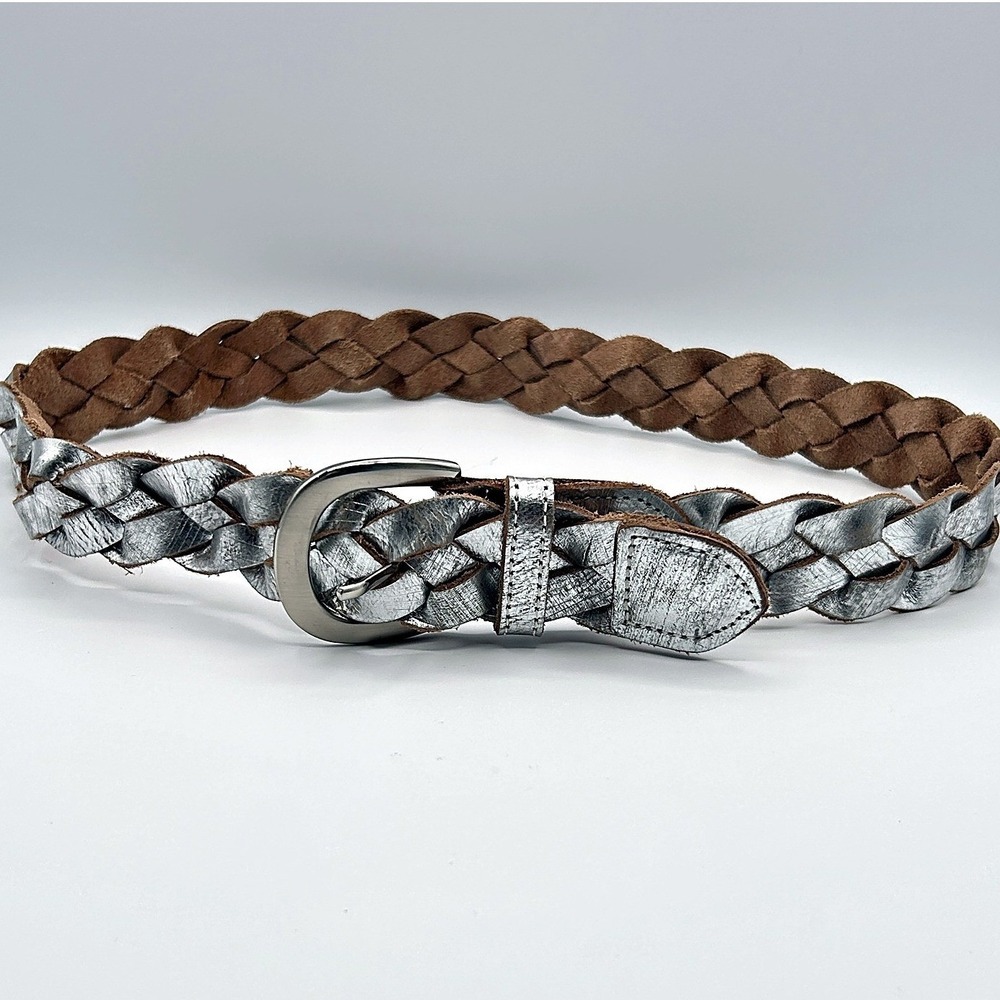 Leather Vintage Braided Belt Silver Metallic Small Woven India 20946 SM